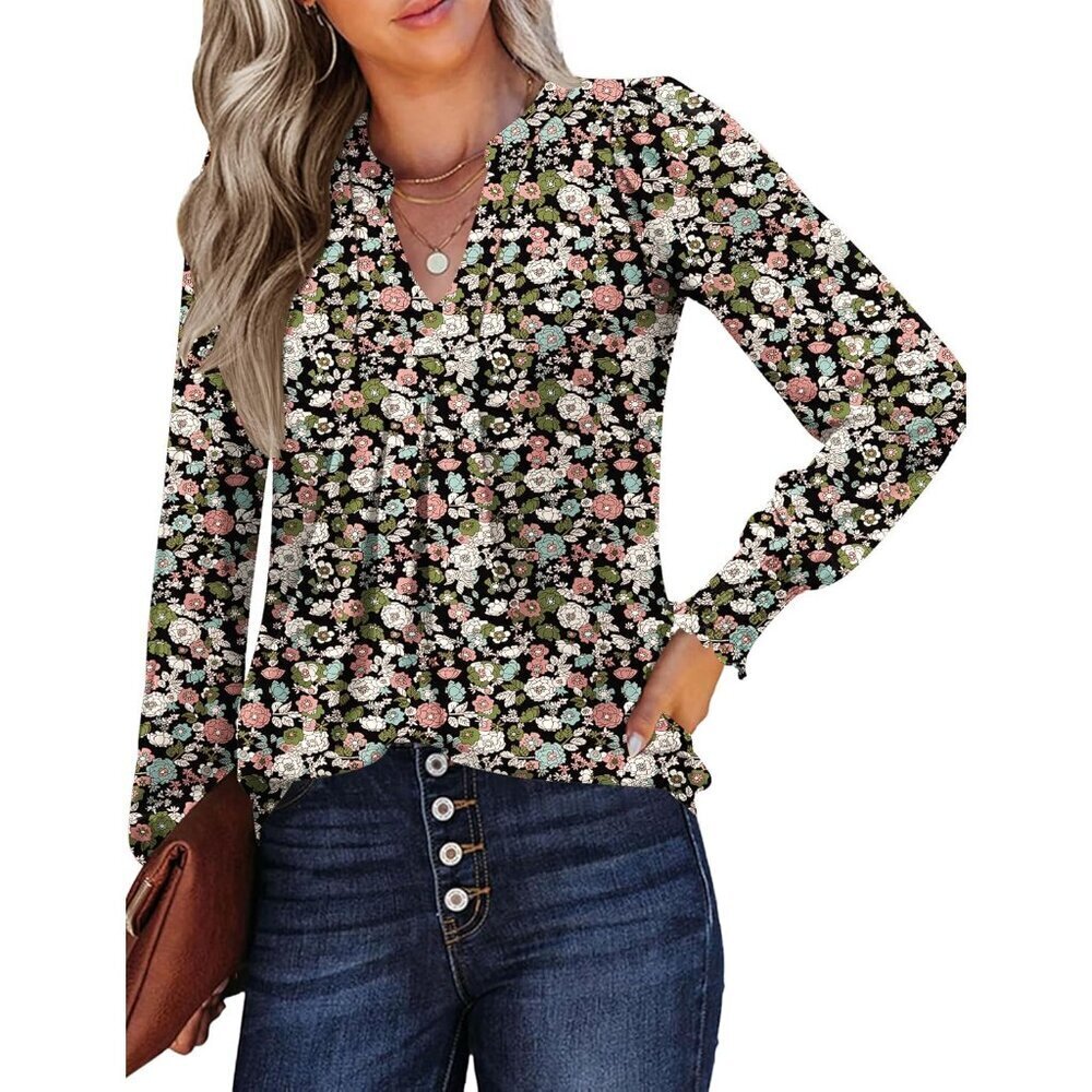 Women's V Neck Long Sleeve Blouse Ruffle Cuffs Fall Casual Dressy Top